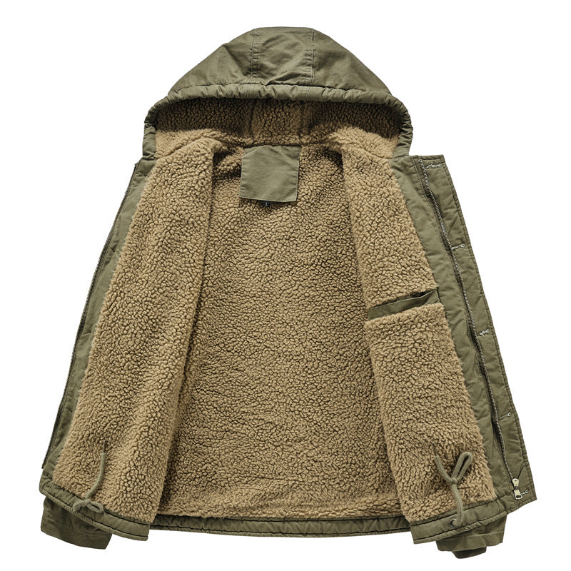 Herren nan gefütterte Fieldjacke mit Kapuze, Teddyfutter, verdeckter Reißverschluss und Kordelzug Drune