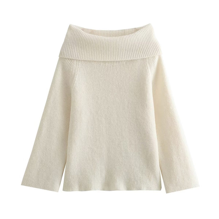 Damen Oversized Off-Shoulder Rippstrick-Pullover mit großem Wendkragen Drune