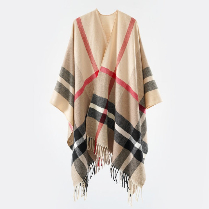 Damen Oversize-Poncho im Kaschmir‑Touch mit V‑Ausschnitt und Fransensaum Drune