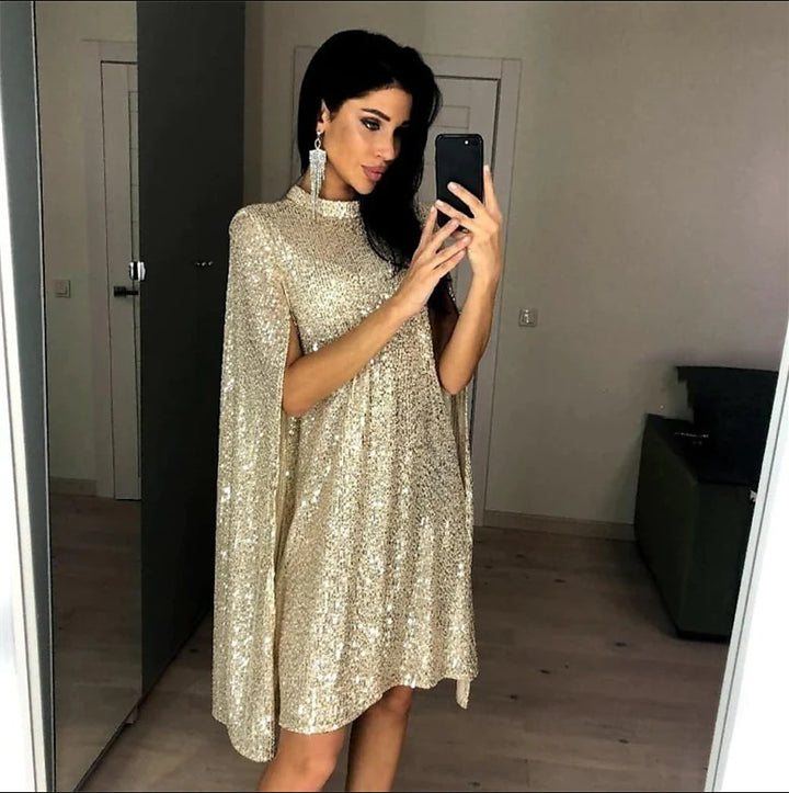 Damen Glamouröses Paillettenkleid mit Cape-Ärmeln Drune