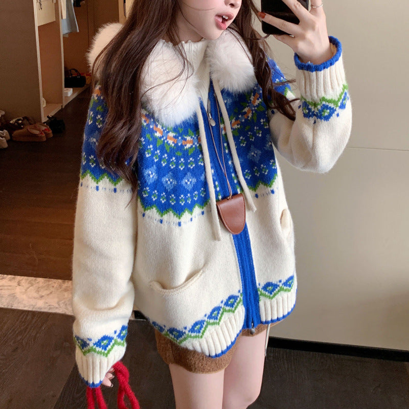 Damen Strickjacke mit angesagtem Norwegermuster und luxuriösem Kunstpelzkragen Drune