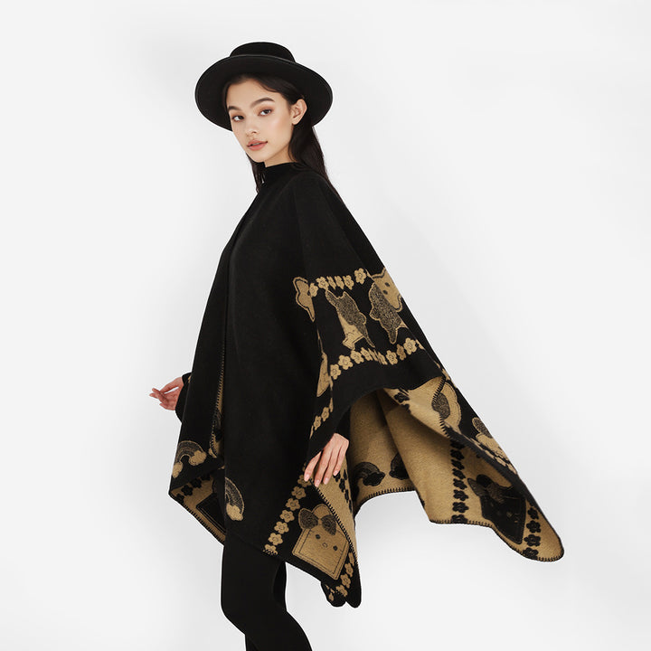 Damen Oversize-Poncho mit Jacquard‑Tiermotiv und asymmetrischem Zipfelsaum Drune