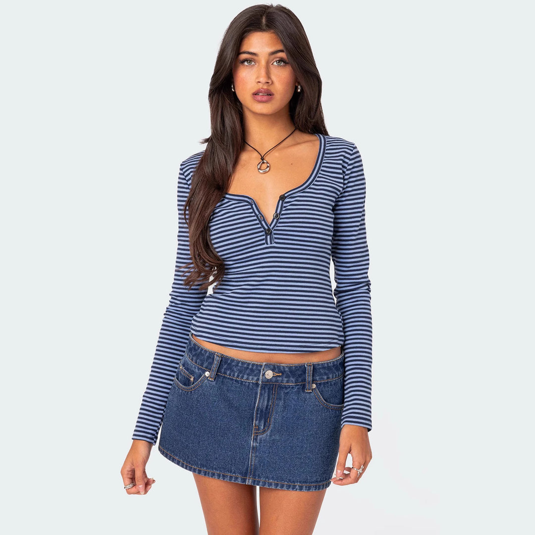 Damen Langarmshirt mit dehnbarem Streifenmuster und figurbetontem Schnitt Drune