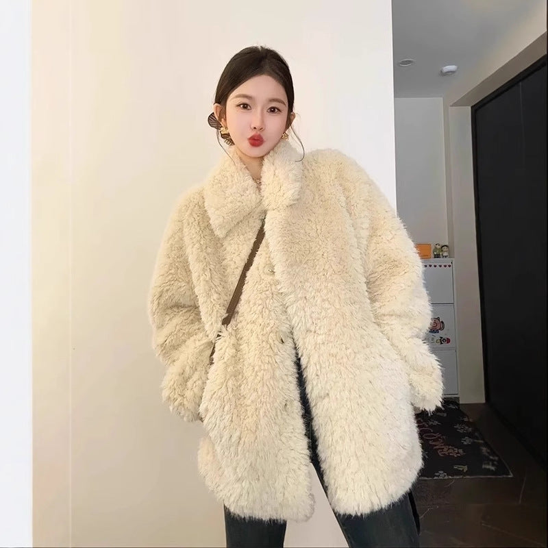 Damen Oversize Teddyfell‑Mantel mit Schalkragen und verdeckter Knopfleiste Drune