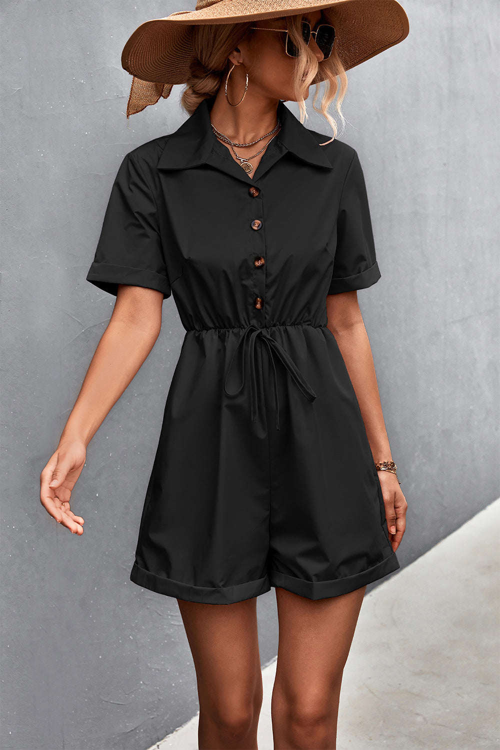 Damen Jumpsuit mit kurzen Ärmeln und taillierbarem Kordelzug Drune