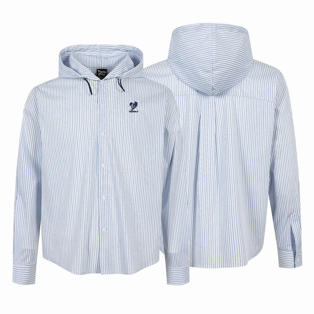 Unisex Gestreiftes Kapuzen‑Hemd im Overshirt‑Stil mit verdeckter Knopfleiste und Logo‑Stick Drune