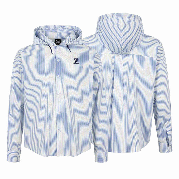 Unisex Gestreiftes Kapuzen‑Hemd im Overshirt‑Stil mit verdeckter Knopfleiste und Logo‑Stick Drune