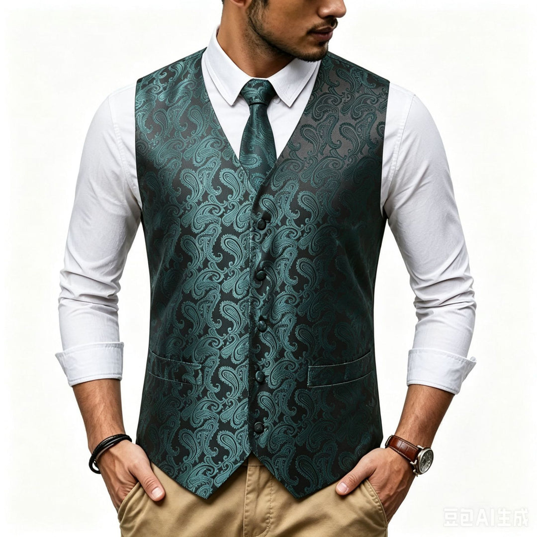 Herren Satin-Jacquard-Weste mit Paisley-Muster und passender Krawatte Drune
