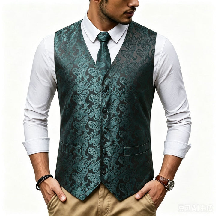 Herren Satin-Jacquard-Weste mit Paisley-Muster und passender Krawatte Drune