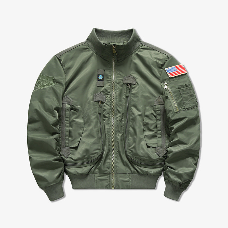 Men's  tactical flight bomber jacket with multiple angled zip and flap pockets Drune