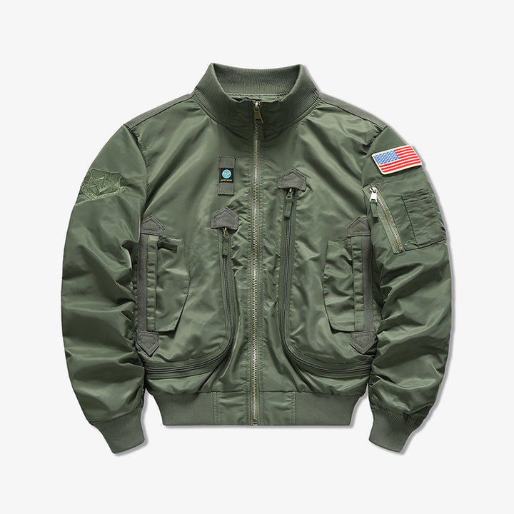 Men's  tactical flight bomber jacket with multiple angled zip and flap pockets Drune