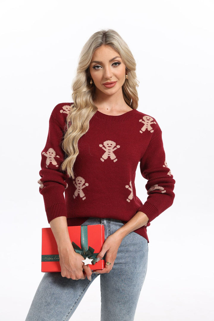 Damen Strickpullover mit festlichem Lebkuchenmotiv und weitem Schnitt Drune
