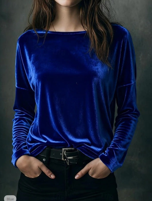 Damen Feines Velours-Langarmshirt mit U-Boot-Ausschnitt und kastiger Silhouette Drune