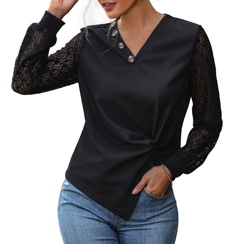 Damen V-Ausschnitt Blusenshirt mit Spitzenärmeln, asymmetrischer Knopfleiste und Knotenfront Drune