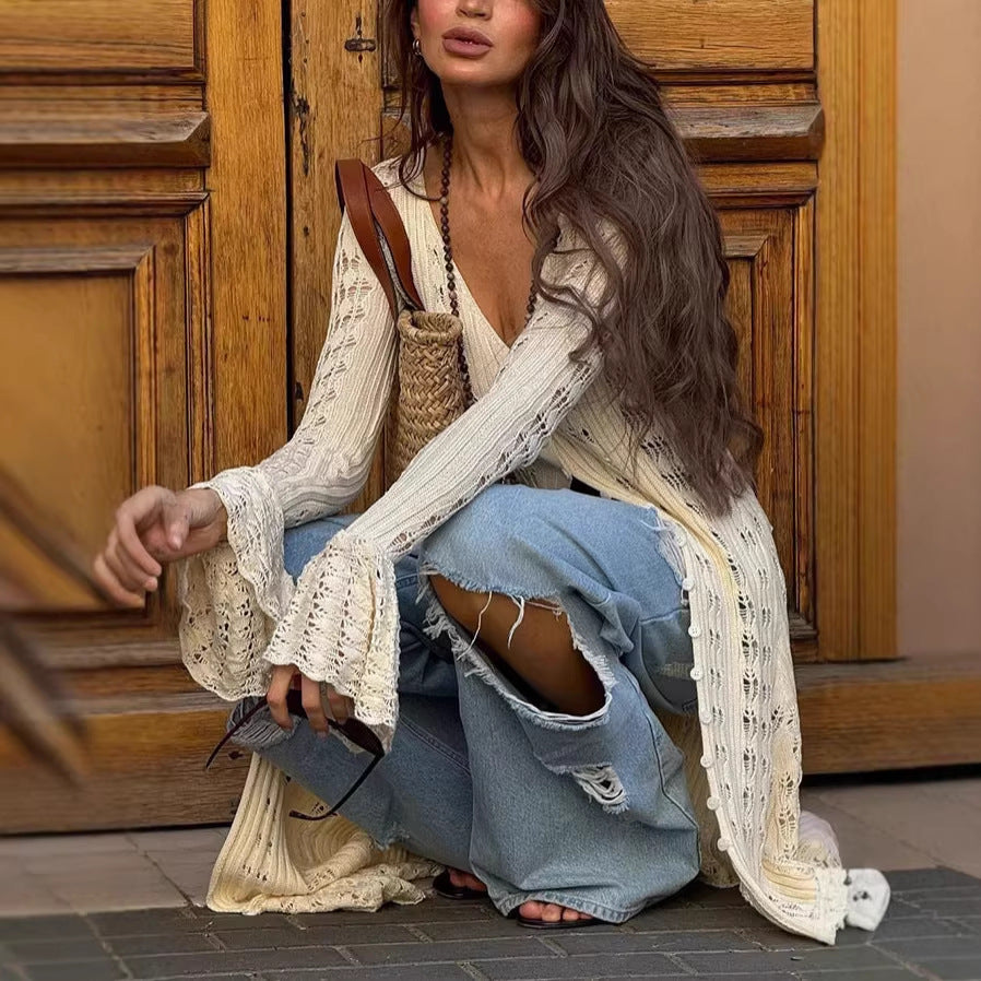 Damen Langer Häkelstrick-Cardigan mit Glockenärmeln und Offener Front Drune