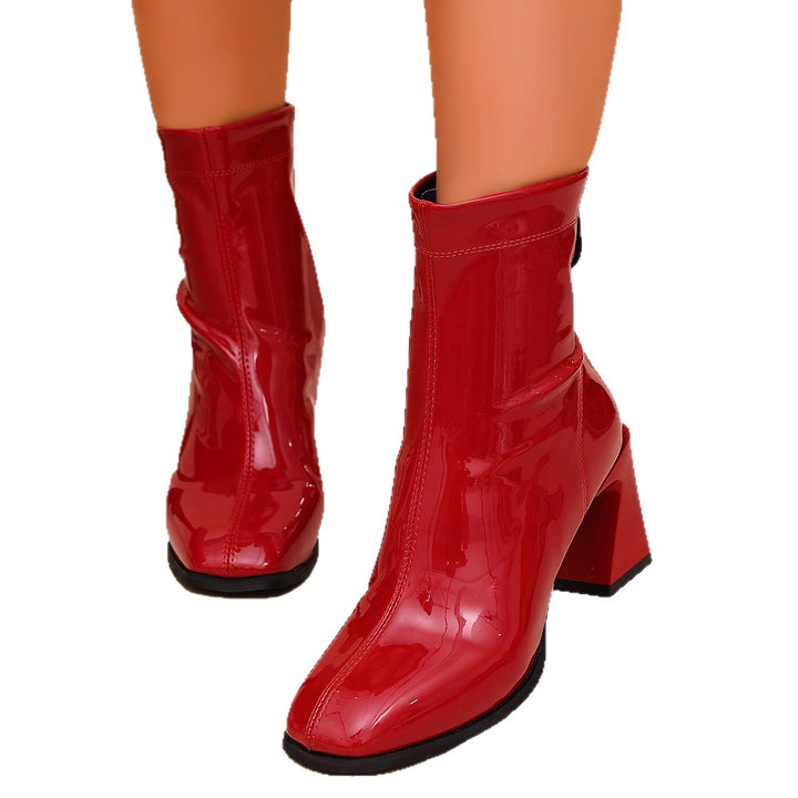Damen Lack-Stiefelette mit eckigem Blockabsatz und knöchelhohem Schaft Drune