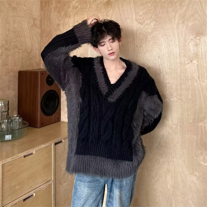 Herren Luxuriöser Grobstrickpullover mit tiefem V-Ausschnitt Drune
