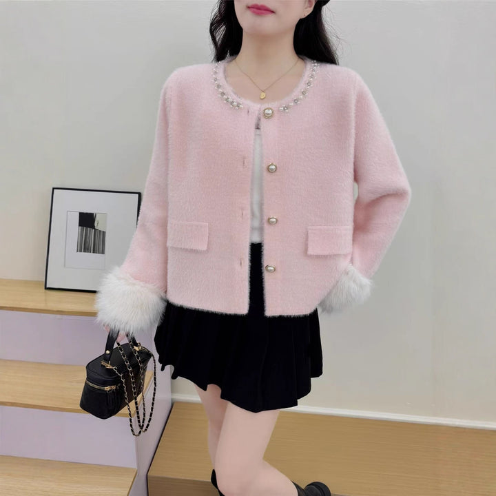 Damen elegante Strickjacke mit Perlenverzierung und flauschigen Ärmeln Drune