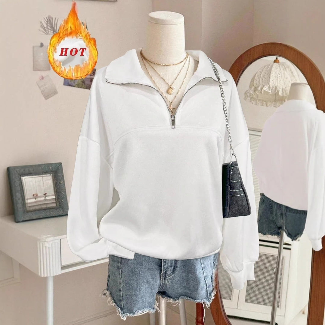 Damen nan Oversize Sweatshirt mit halbem Reißverschluss, Stehkragen und Ballonärmeln Drune