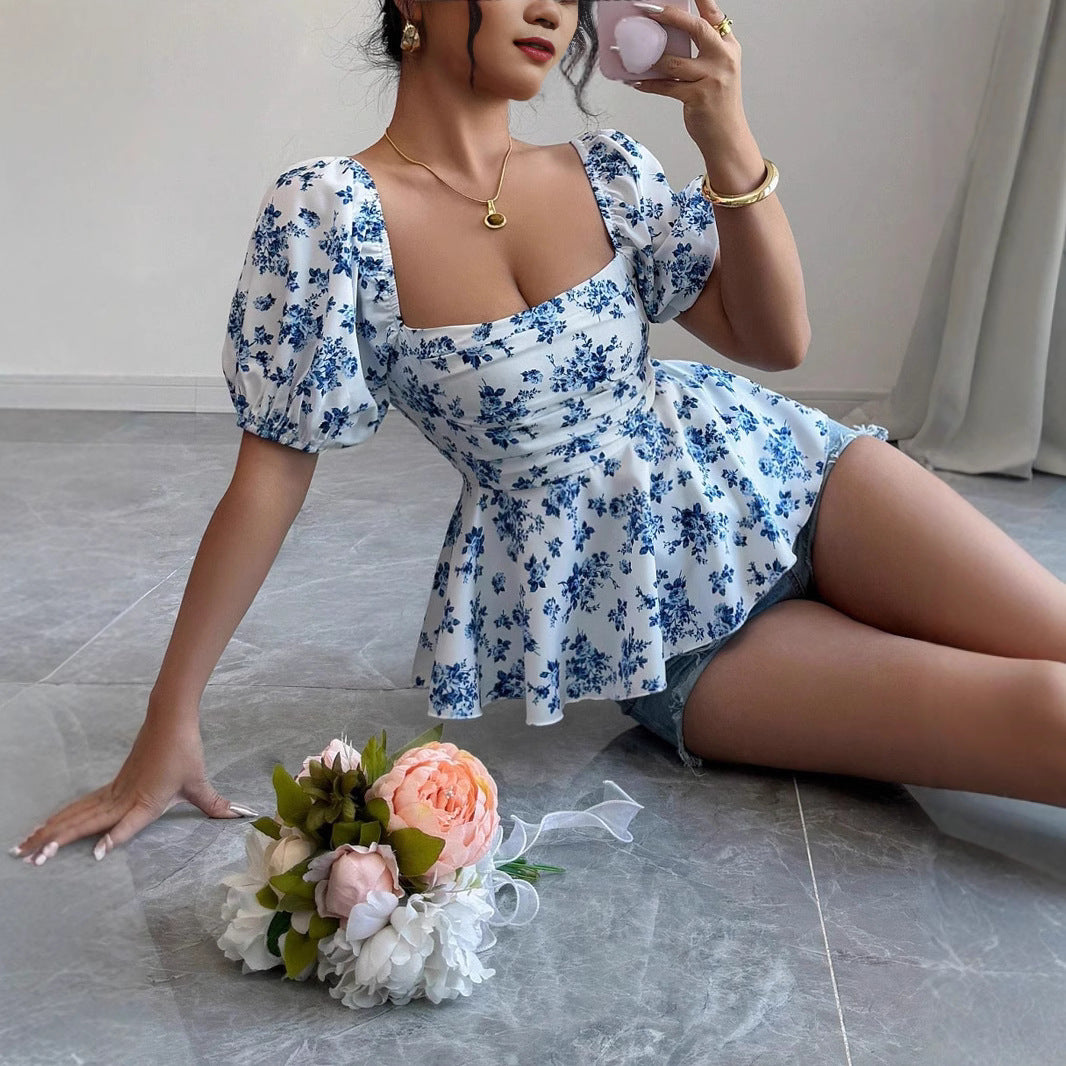Damen Raffiniertes Oberteil mit Puffärmeln und floralem Design Drune