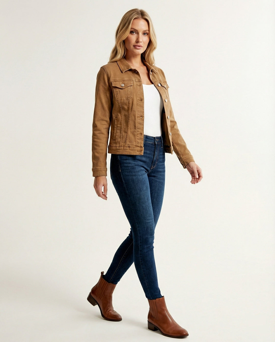 Damen Mode kurze klassische Jeansjacke mit aufgesetzten Brusttaschen und verkürztem Saum Drune