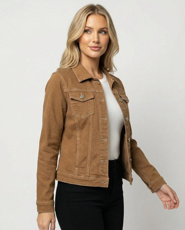 Damen Mode kurze klassische Jeansjacke mit aufgesetzten Brusttaschen und verkürztem Saum Drune
