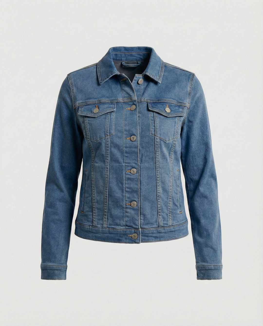 Damen Mode kurze klassische Jeansjacke mit aufgesetzten Brusttaschen und verkürztem Saum Drune