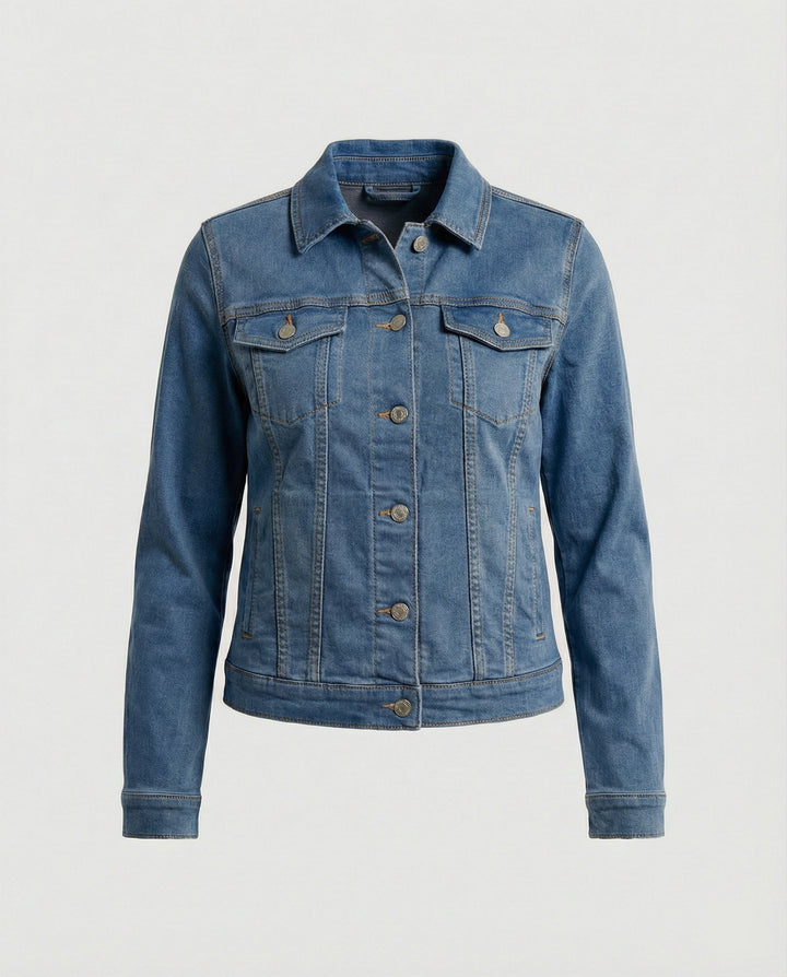 Damen Mode kurze klassische Jeansjacke mit aufgesetzten Brusttaschen und verkürztem Saum Drune