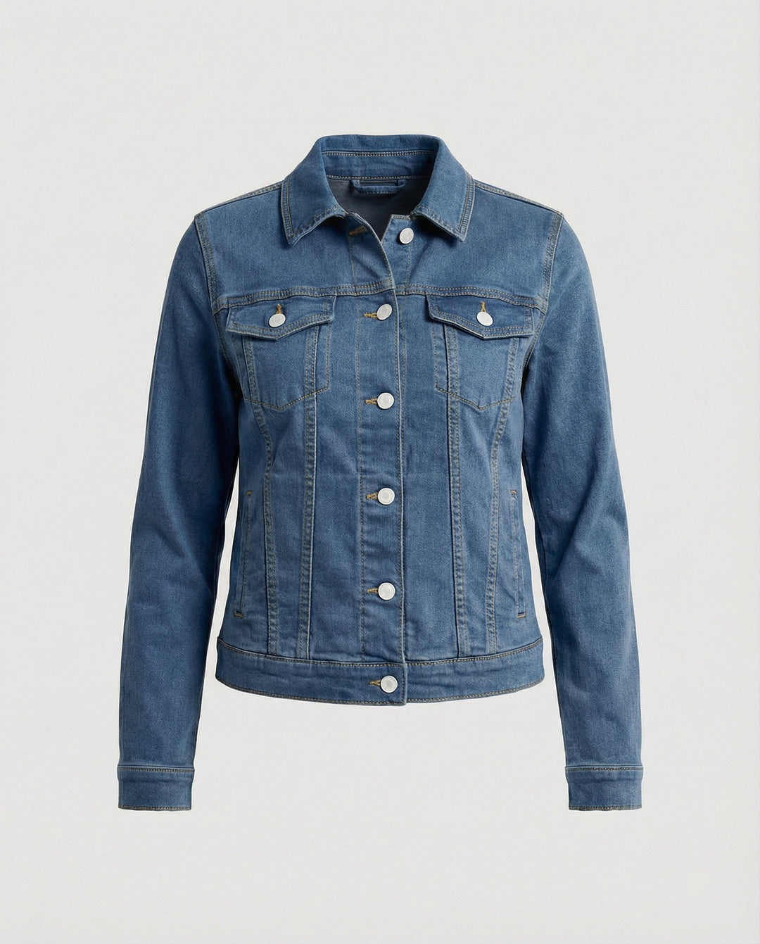 Damen Mode kurze klassische Jeansjacke mit aufgesetzten Brusttaschen und verkürztem Saum Drune
