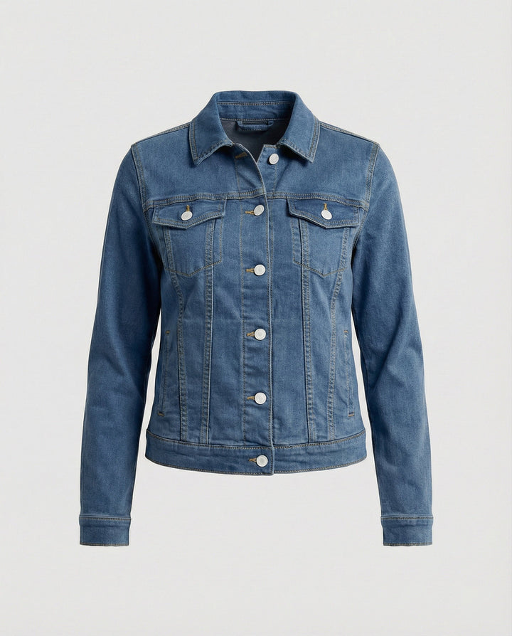 Damen Mode kurze klassische Jeansjacke mit aufgesetzten Brusttaschen und verkürztem Saum Drune