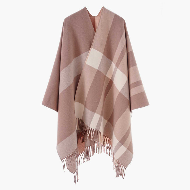 Damen Oversize-Cape mit Glencheck-Muster und Fransenabschluss Drune