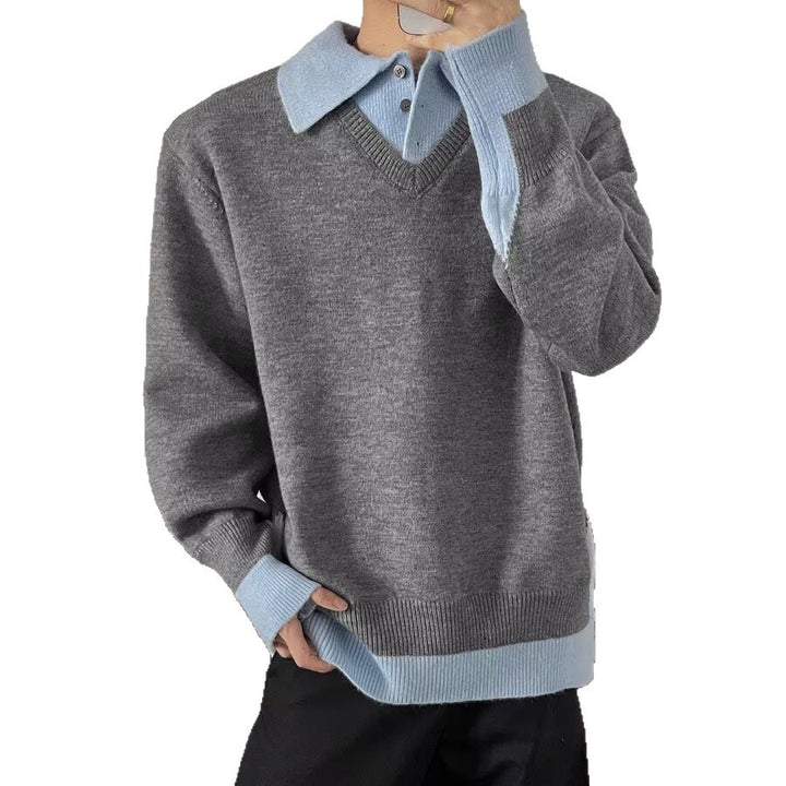 Herren Modischer Strickpullover mit V-Ausschnitt und Kontrastkragen Drune