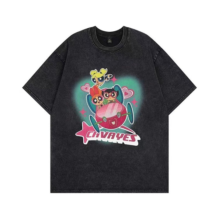 Damen T-Shirt mit angepasstem Powerpuff Girls Grafikdruck Drune