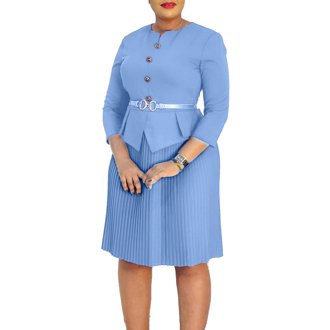 Damen Plissee Kleid mit taillierter Bluse und modischem Gürtel Drune