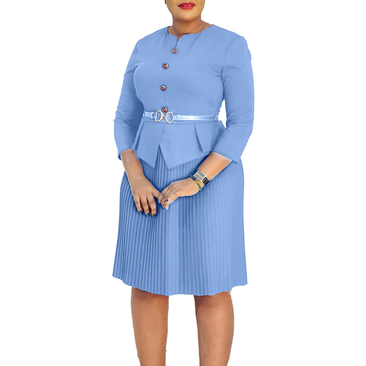 Damen Plissee Kleid mit taillierter Bluse und modischem Gürtel Drune