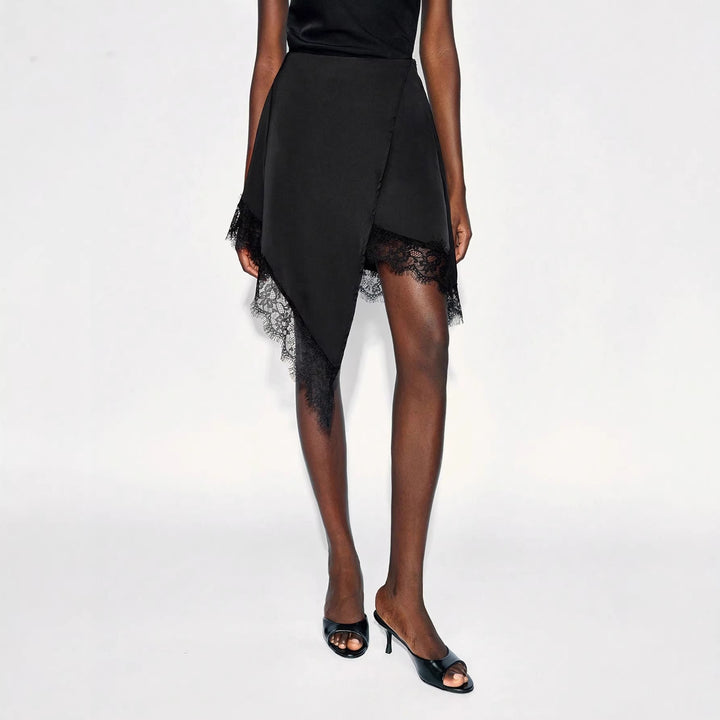 Damen nan asymmetrischer Wickelrock mit Spitzenbesatz und satinähnlichem Fall Drune