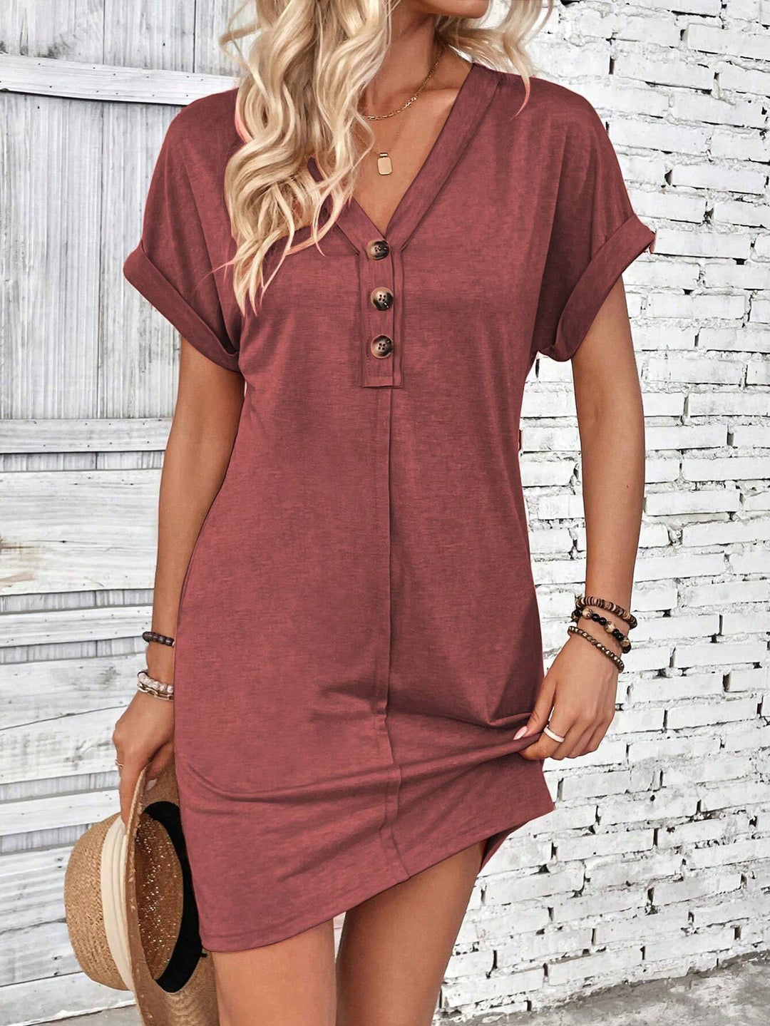 Damen Lockeres V-Ausschnitt Freizeitkleid mit Zierknopfleiste Drune