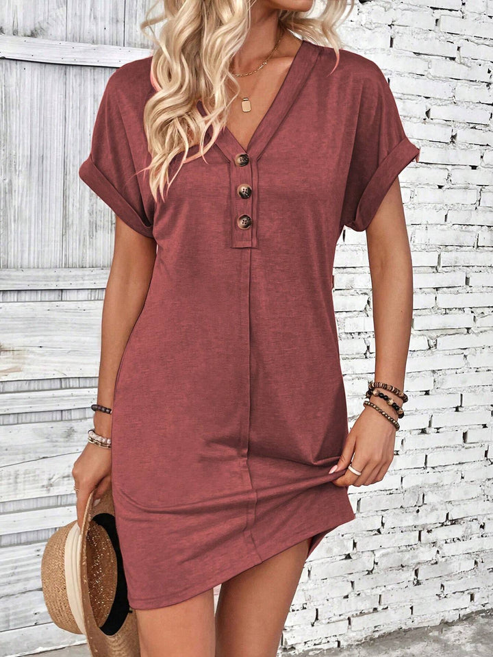 Damen Lockeres V-Ausschnitt Freizeitkleid mit Zierknopfleiste Drune