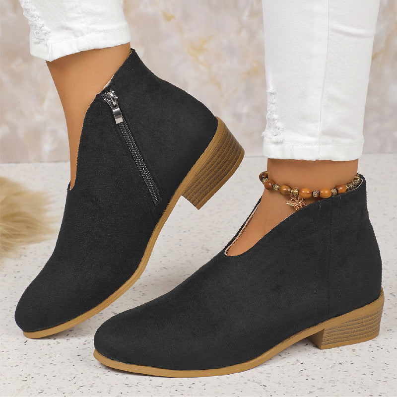 Damen nan knöchelhohe Stiefelette mit V-Ausschnitt, weichem Obermaterial und leichtem Holzblockabsatz Drune