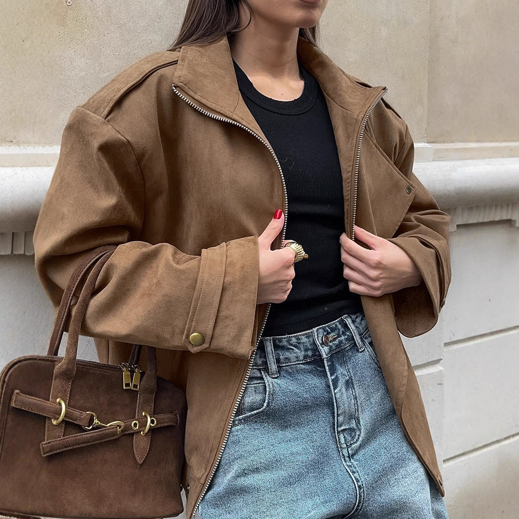 Damen Modische Suede-Bomberjacke mit praktischen Taschen und Reißverschluss Drune