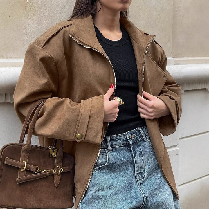 Damen Modische Suede-Bomberjacke mit praktischen Taschen und Reißverschluss Drune