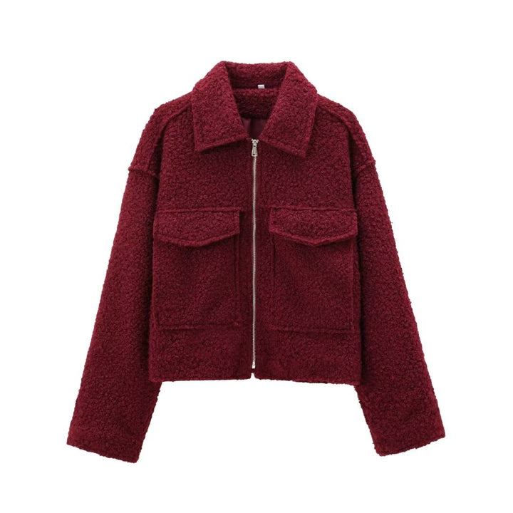 Damen Kurz geschnittene Teddyjacke mit Reißverschluss, Kragen und aufgesetzten Klappentaschen Drune