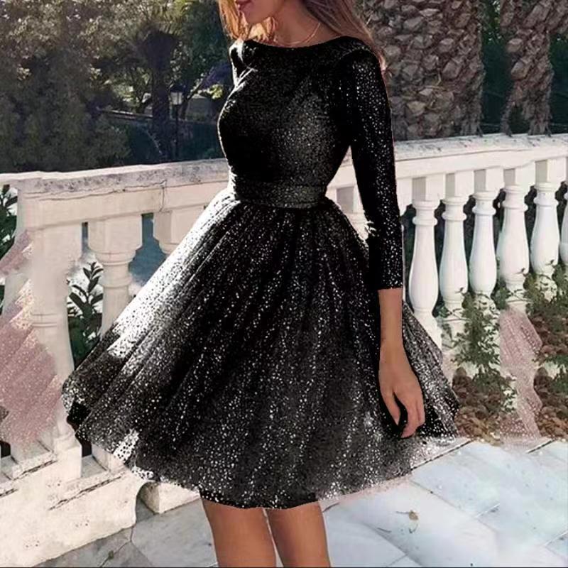 Damen Glitzerndes Tüllkleid mit Elegantem Schnitt und langen Ärmeln Drune