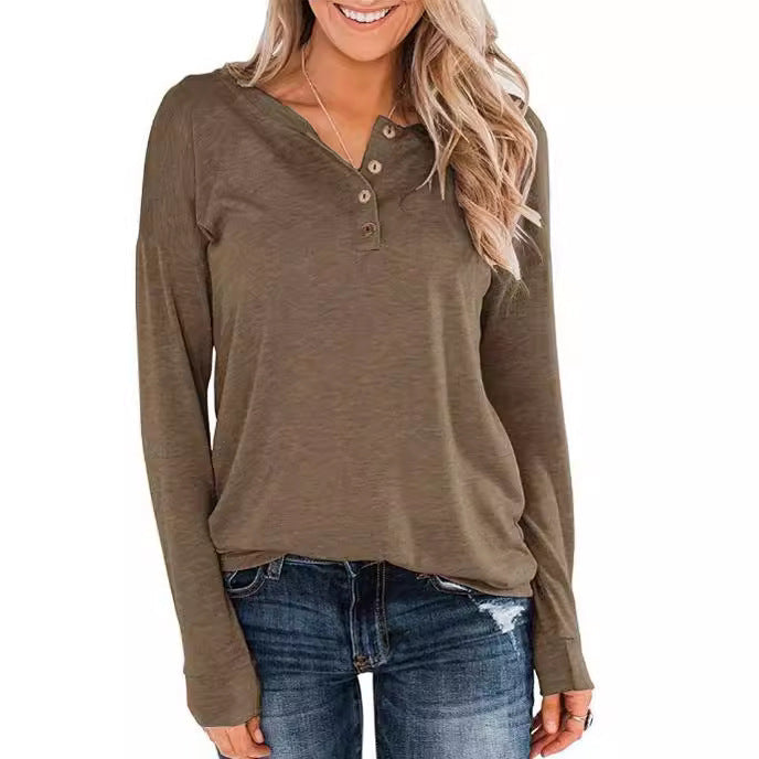 Damen modisches Langarm-Henley-Shirt mit Knopfleiste Drune