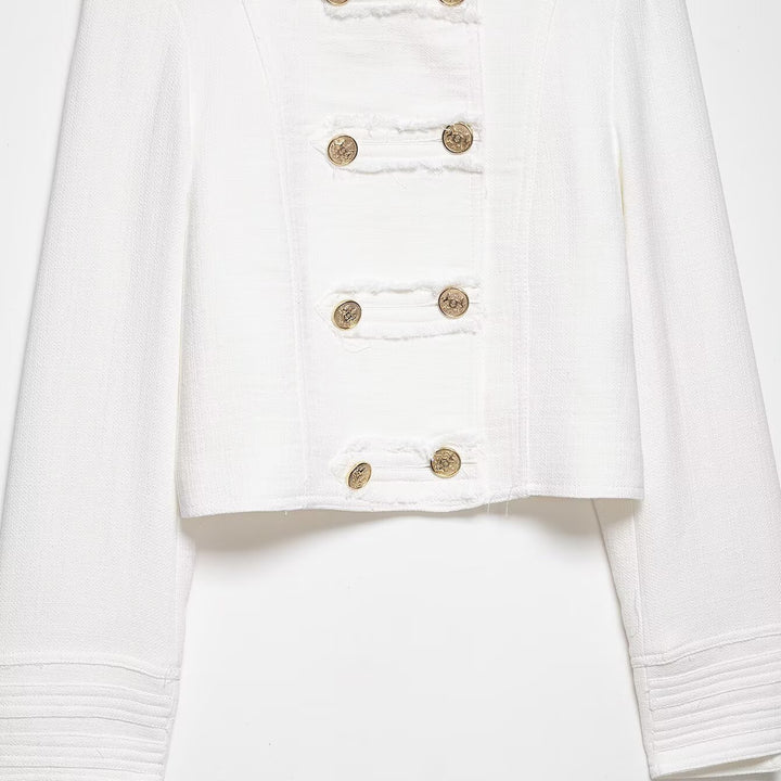 Damen Kurzjacke im Military‑Stil aus Bouclé mit Stehkragen und Zierknopfleiste Drune