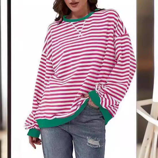 Damen Gestreifter Oversize Pullover mit Kontrastbündchen Drune