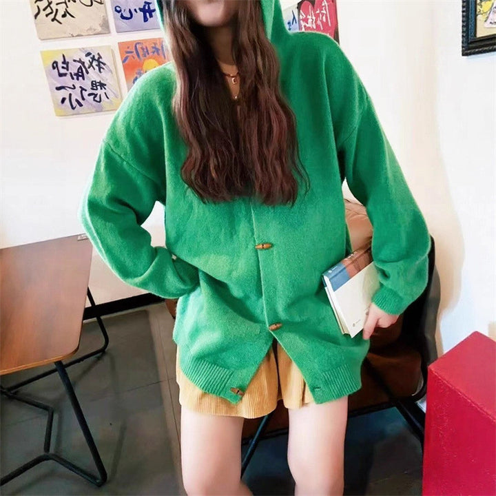 Damen stylische Strickjacke mit Kapuze und dekorativen Knöpfen Drune