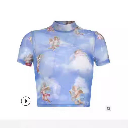 Damen Hochgeschlossenes Crop-Top mit romantischem Engelmotiven Drune