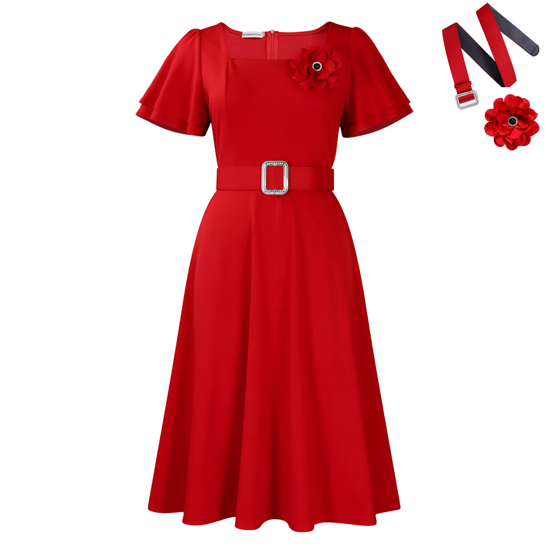 Damen Midi Kleid mit gerafftem Ausschnitt und breitem Gürtel Drune