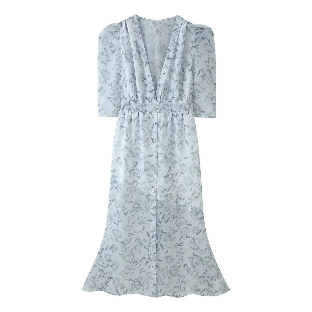 Damen Chiffon-Midikleid mit floraler Allover‑Optik, V‑Ausschnitt und geraffter Taille Drune